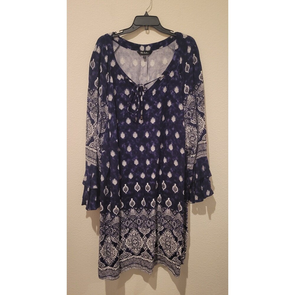 Ulla Popken Womens Plus Size Midi Dress 32 34 Geometric Blue Ruffle Sleeves Boho